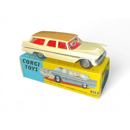 75 - Corgi No. 219 Plymouth Sports Suburban Station Wagon, generally excellent in good plus box (pencil m... 