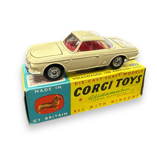 95 - Corgi No. 239 Volkswagen 1500 Karmann Ghia,  cream with red interior, spare wheel, small suitcase an... 