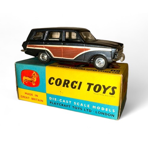 207 - Corgi Ford Consul Cortina No. 491, metallic grey with plastic wood side panels, excellent in good pl... 