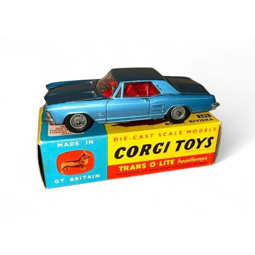 99 - Corgi Buick Riviera No. 245, metallic blue, red interior, tow bar and wire wheel-style hubs. Content... 