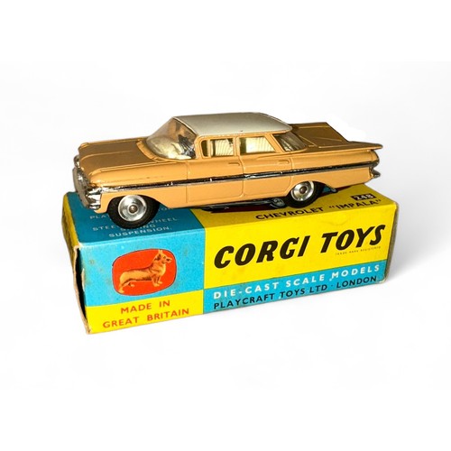 100 - Corgi Chevrolet Impala No. 248, tan with white roof, cream interior and spun hubs, generally excelle... 