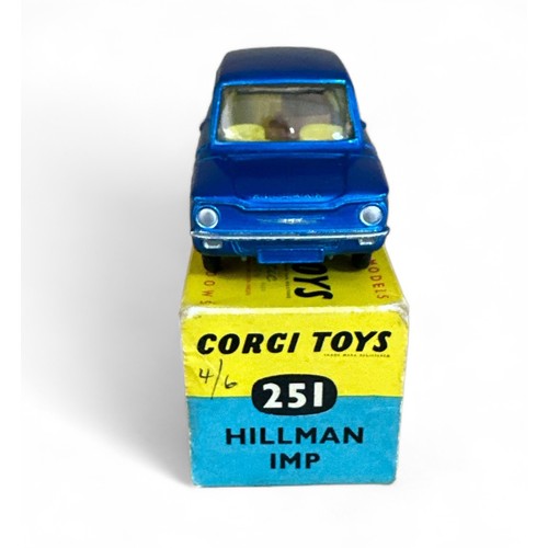 101 - Corgi Hillman Imp No. 251, metallic blue, lemon interior, large tan suitcase and spun hubs, excellen... 