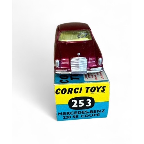 102 - Corgi Mercedes-Benz 220 SE Coupe No. 253, metallic dark red, lemon interior and spun hubs, excellent... 