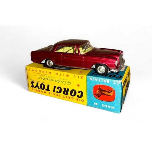 102 - Corgi Mercedes-Benz 220 SE Coupe No. 253, metallic dark red, lemon interior and spun hubs, excellent... 