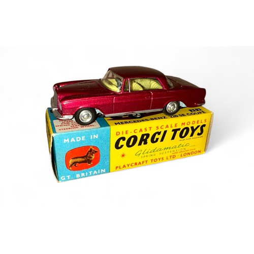 102 - Corgi Mercedes-Benz 220 SE Coupe No. 253, metallic dark red, lemon interior and spun hubs, excellent... 