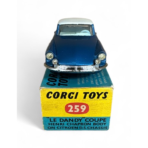 104 - Corgi Citroen Le Dandy No. 259, metallic blue with white roof and boot lid, pale blue interior and w... 