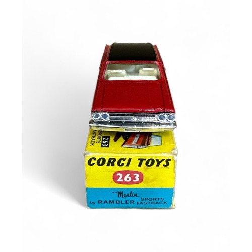 107 - Corgi Marlin by Rambler No. 263, two-tone red and black, cream interior, spun hubs and tow bar, gene... 