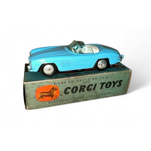 119 - Corgi Mercedes-Benz 300SL No. 303, light blue, white interior, flat hubs and folded leaflet, general... 