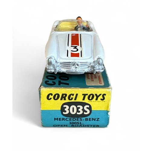 120 - Corgi No. 303S Mercedes-Benz 300SL open roadster, white with bonnet stripe and race#3 decal (small c... 