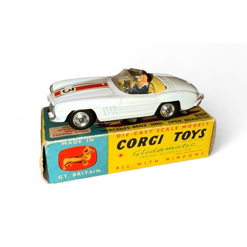 120 - Corgi No. 303S Mercedes-Benz 300SL open roadster, white with bonnet stripe and race#3 decal (small c... 