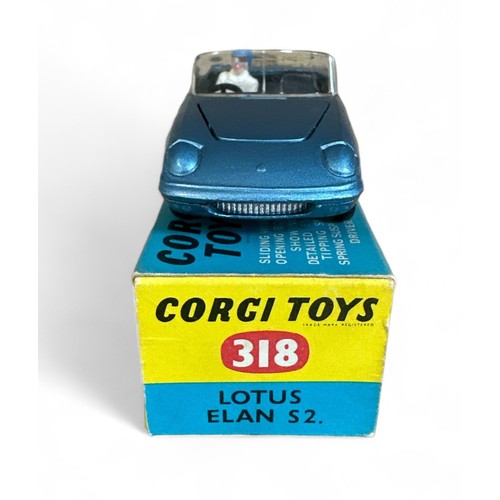 128 - Corgi Lotus Elan S2 No. 318, metallic blue, black interior, side windows, tan lower dashboard, 