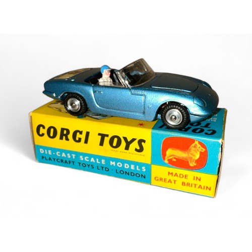 128 - Corgi Lotus Elan S2 No. 318, metallic blue, black interior, side windows, tan lower dashboard, 