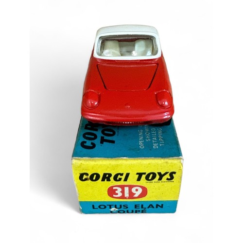 129 - Corgi Lotus Elan Coupe No. 319, detachable chassis, red, white hardtop, white interior, cast hubs, f... 