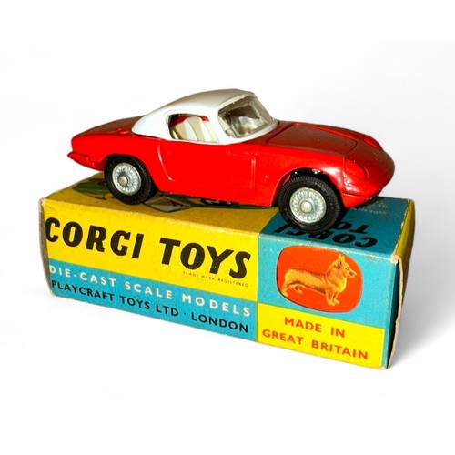 129 - Corgi Lotus Elan Coupe No. 319, detachable chassis, red, white hardtop, white interior, cast hubs, f... 