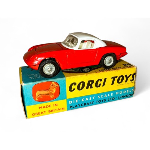 129 - Corgi Lotus Elan Coupe No. 319, detachable chassis, red, white hardtop, white interior, cast hubs, f... 