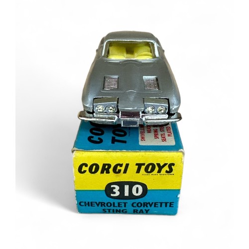 123 - Corgi No. 310 Chevrolet Corvette Stingray, metallic silver (metallic gold baseplate), lemon interior... 