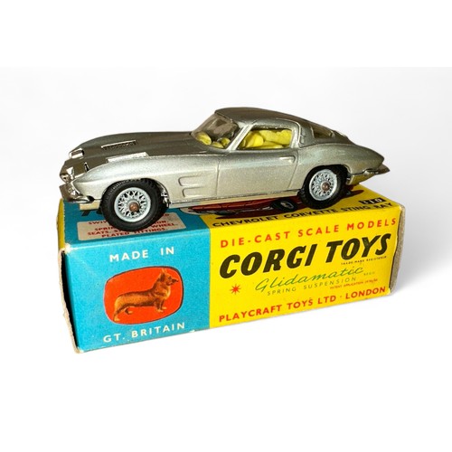 123 - Corgi No. 310 Chevrolet Corvette Stingray, metallic silver (metallic gold baseplate), lemon interior... 