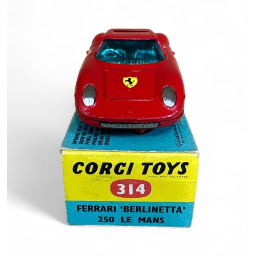 126 - Corgi No. 314 Ferrari Berlinetta 250 Le Mans, red, Ferrari badge, race stripe and race #4 decals, wi... 