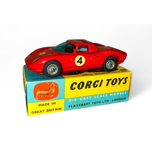 126 - Corgi No. 314 Ferrari Berlinetta 250 Le Mans, red, Ferrari badge, race stripe and race #4 decals, wi... 