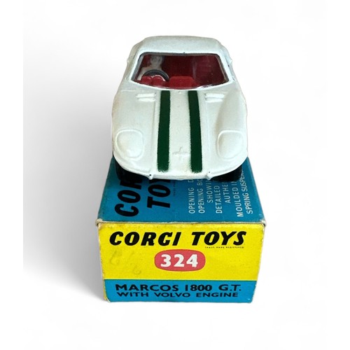 132 - Corgi Marcos 1800 GT No. 324, white, red interior, racing driver figure, green stripes to bonnet, wi... 