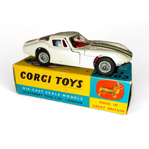 132 - Corgi Marcos 1800 GT No. 324, white, red interior, racing driver figure, green stripes to bonnet, wi... 