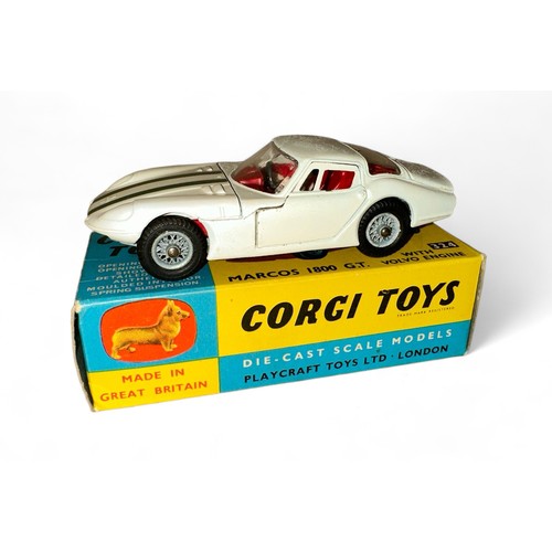 132 - Corgi Marcos 1800 GT No. 324, white, red interior, racing driver figure, green stripes to bonnet, wi... 