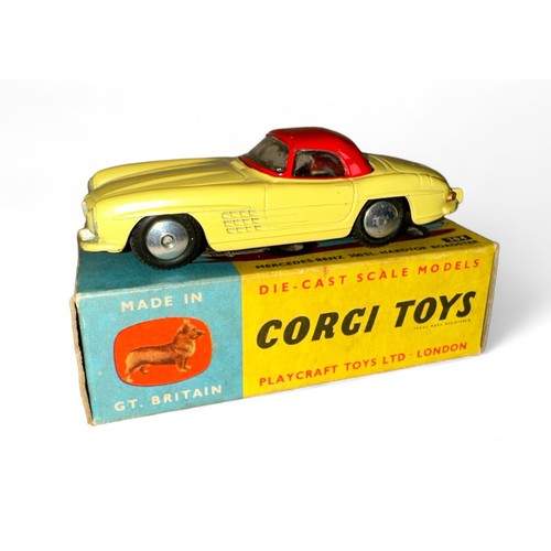 121 - Corgi No. 304 Mercedes-Benz 300SL Hardtop Roadster, yellow, red hardtop and flat hubs, generally exc... 