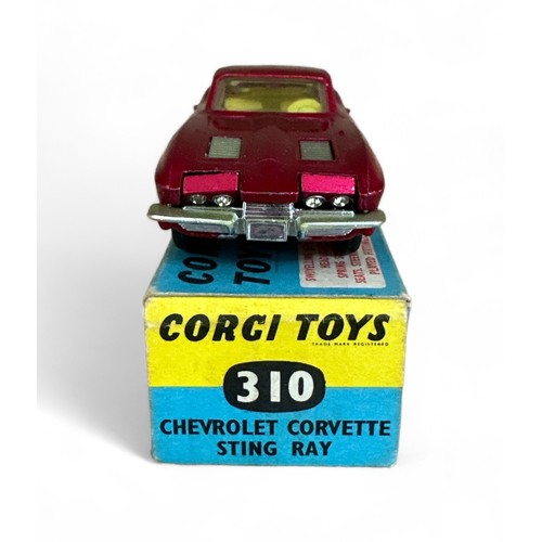 122 - Corgi No. 310 Chevrolet Corvette Stingray, metallic cerise with lemon interior, wire wheel-style hub... 