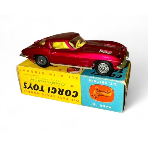 122 - Corgi No. 310 Chevrolet Corvette Stingray, metallic cerise with lemon interior, wire wheel-style hub... 