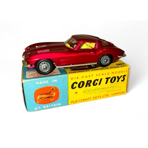 122 - Corgi No. 310 Chevrolet Corvette Stingray, metallic cerise with lemon interior, wire wheel-style hub... 