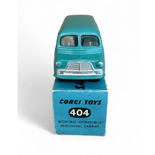 155 - Corgi Bedford Dormobile No. 404, turquoise, flat hubs, excellent in good plus to good box.  Contents... 