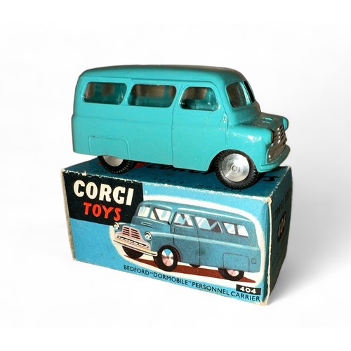 155 - Corgi Bedford Dormobile No. 404, turquoise, flat hubs, excellent in good plus to good box.  Contents... 