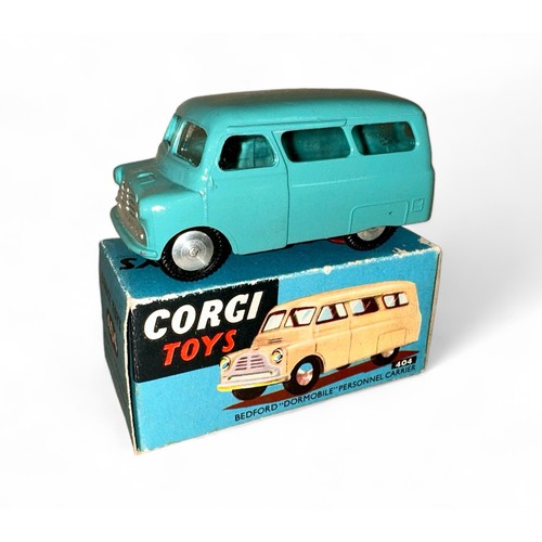 155 - Corgi Bedford Dormobile No. 404, turquoise, flat hubs, excellent in good plus to good box.  Contents... 