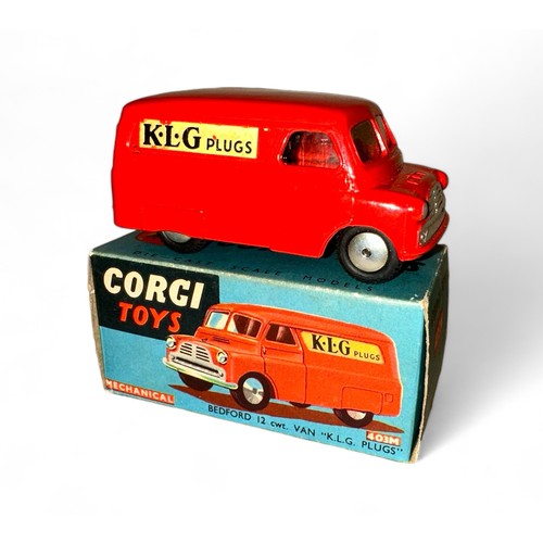 154 - Corgi Bedford Van KLG Plugs No. 403M, red, flat hubs, KLG Plugs decals (some minor wear) to both sid... 