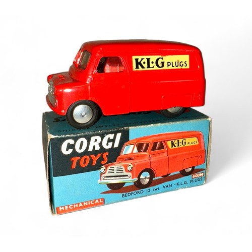 154 - Corgi Bedford Van KLG Plugs No. 403M, red, flat hubs, KLG Plugs decals (some minor wear) to both sid... 