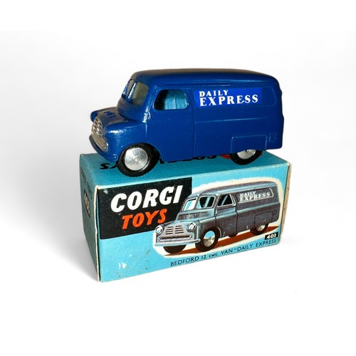 153 - Corgi Bedford Van Daily Express No. 403, dark blue, flat hubs, Daily Express  decals to both sides a... 