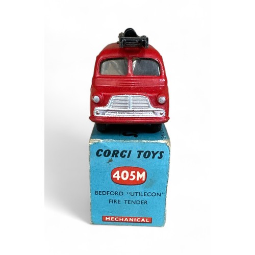 160 - Corgi No. 405M Bedford Utilecon Fire Tender, red, ladders (some paint loss), flat hubs, Fire Dept de... 