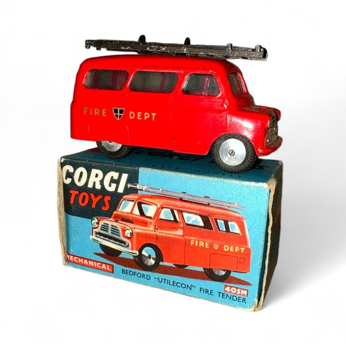 160 - Corgi No. 405M Bedford Utilecon Fire Tender, red, ladders (some paint loss), flat hubs, Fire Dept de... 