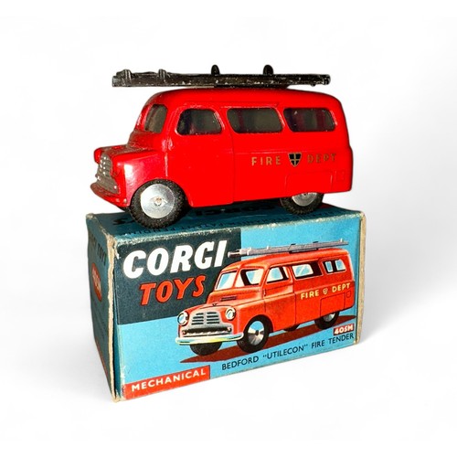 160 - Corgi No. 405M Bedford Utilecon Fire Tender, red, ladders (some paint loss), flat hubs, Fire Dept de... 