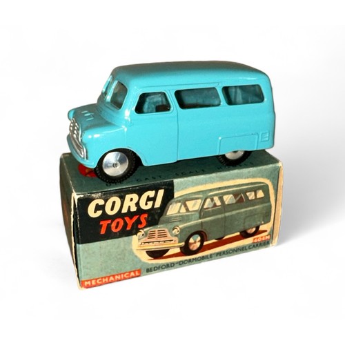 157 - Corgi Bedford Dormobile No. 404M, mid blue, flat hubs, generally excellent in good plus to good box ... 