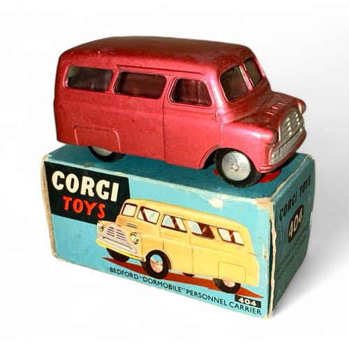 158 - Corgi Bedford Dormobile No. 404, metallic cerise, flat hubs, generally good plus to good in good plu... 