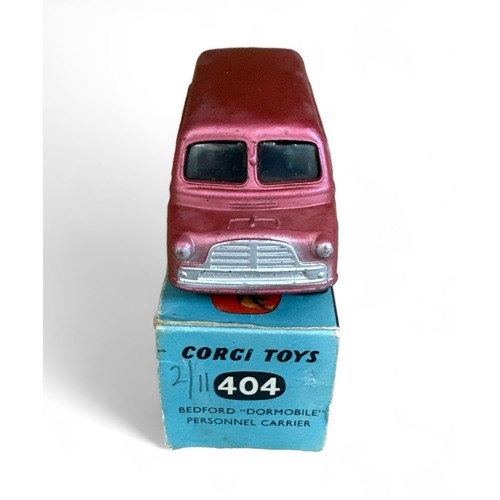 158 - Corgi Bedford Dormobile No. 404, metallic cerise, flat hubs, generally good plus to good in good plu... 