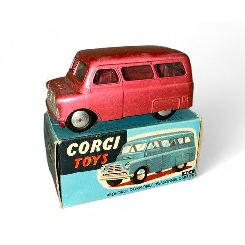 158 - Corgi Bedford Dormobile No. 404, metallic cerise, flat hubs, generally good plus to good in good plu... 