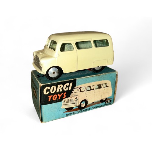 156 - Corgi Bedford Dormobile No. 404, cream, flat hubs, generally excellent in good plus to good box. Con... 