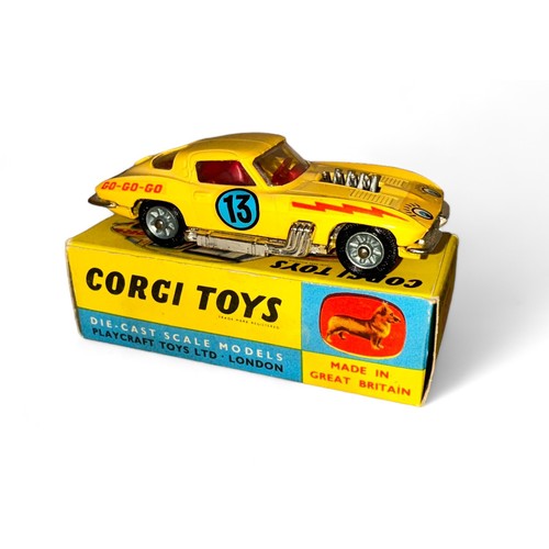 135 - Corgi No. 337 Chevrolet Corvette Customized, yellow, red interior, cast hubs, Go Go Go/race #13/Lazy... 