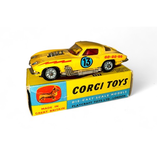 135 - Corgi No. 337 Chevrolet Corvette Customized, yellow, red interior, cast hubs, Go Go Go/race #13/Lazy... 