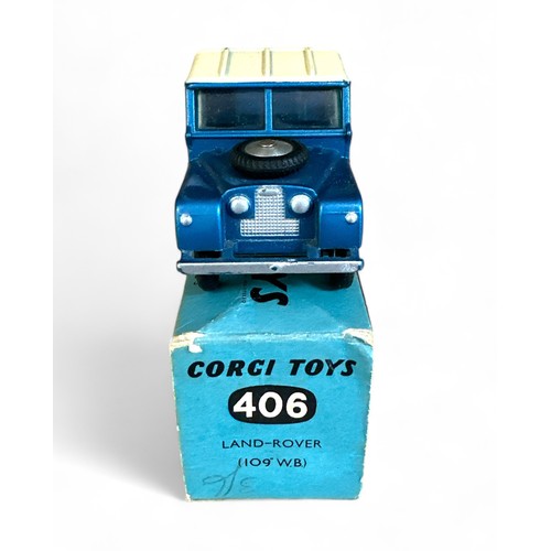 162 - Corgi Land Rover No. 406, metallic blue, cream roof, flat hubs, spare wheel on bonnet and metal tow ... 