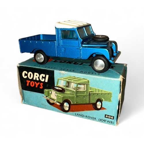 162 - Corgi Land Rover No. 406, metallic blue, cream roof, flat hubs, spare wheel on bonnet and metal tow ... 