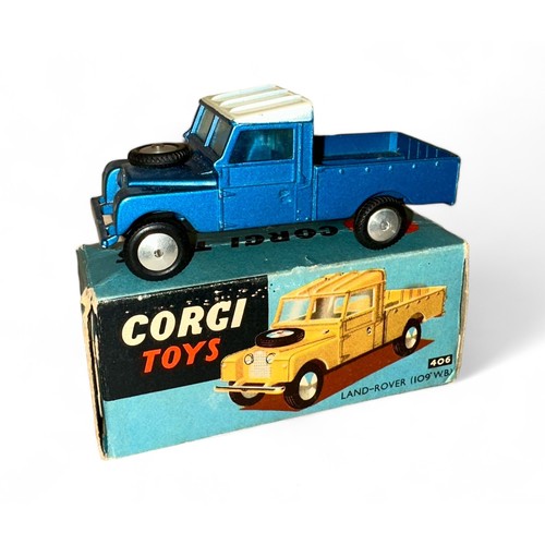 162 - Corgi Land Rover No. 406, metallic blue, cream roof, flat hubs, spare wheel on bonnet and metal tow ... 