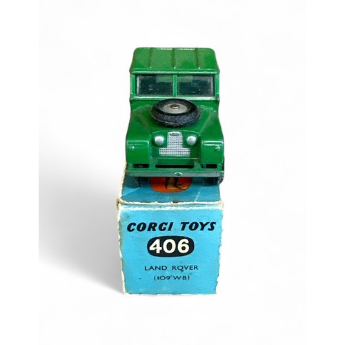 163 - Corgi Land Rover No. 406, green, flat hubs, flat hubs, spare wheel on bonnet and metal tow hook, gen... 